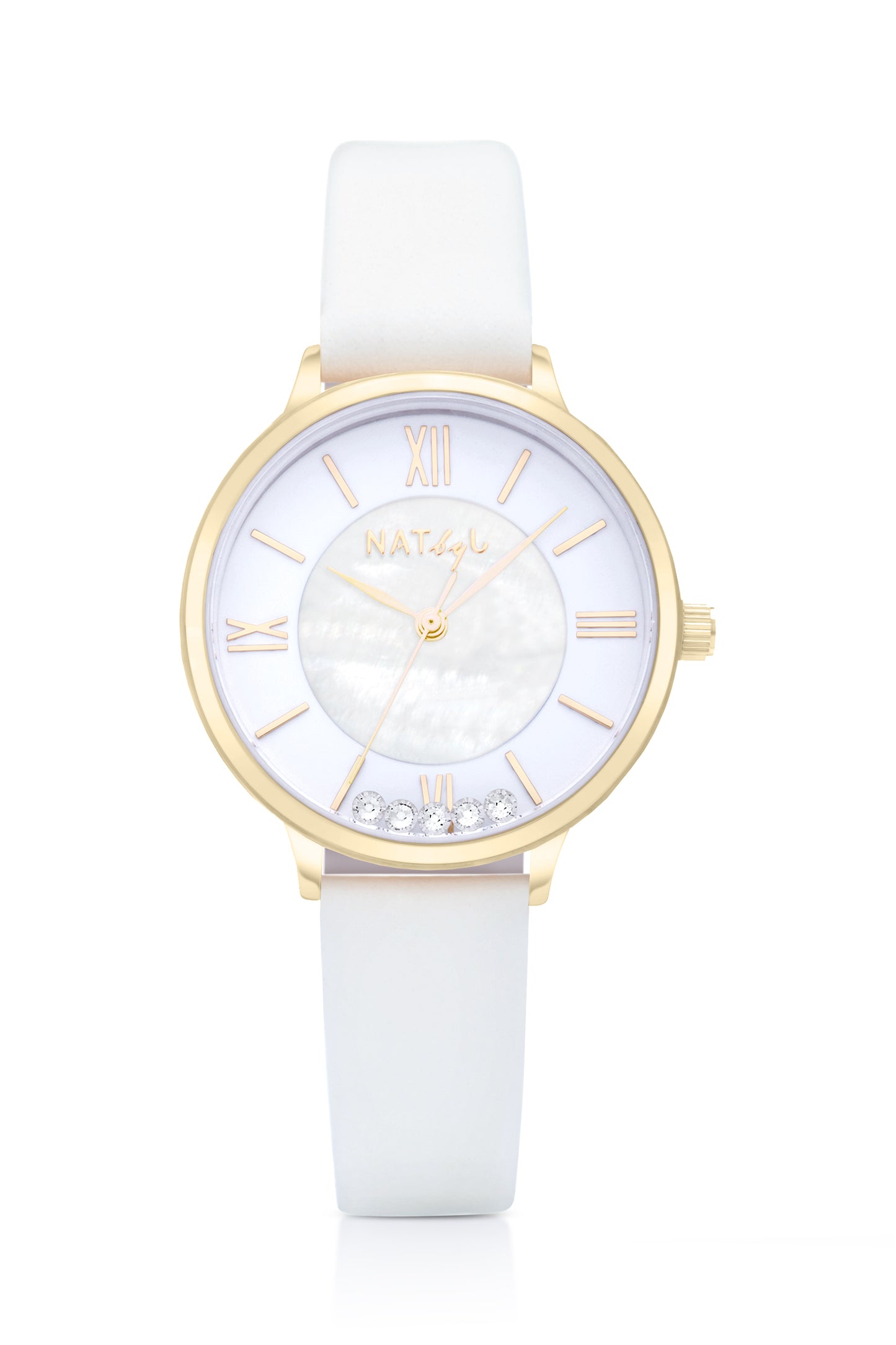 Stargaze 0906.White Leather Watch | Yellow Gold Stainless Steel